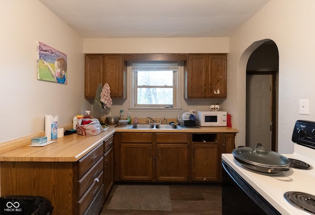 kitchen featuring a sink, white microwave, light countertops, and electric range oven