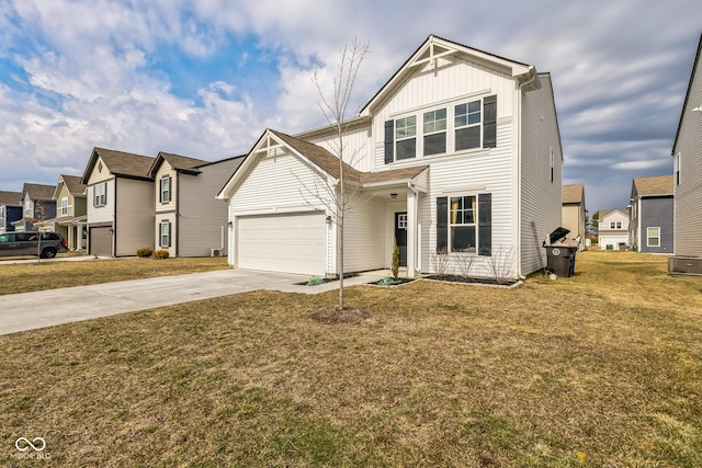 view of front of home with central air condition unit, board and batten siding, a garage, driveway, and a front lawn