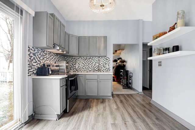 kitchen with electric range, tasteful backsplash, a wealth of natural light, and gray cabinetry