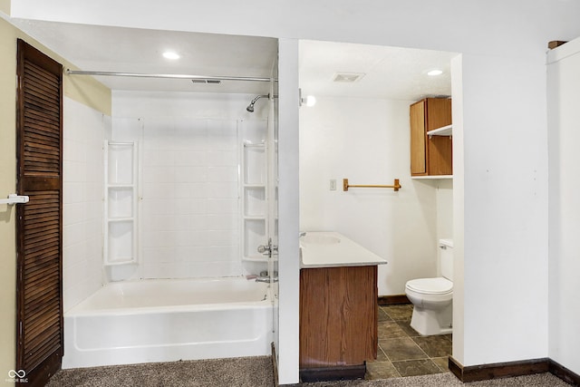 full bath featuring toilet, baseboards, visible vents, and bathing tub / shower combination