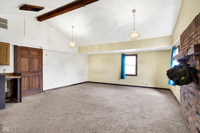 unfurnished living room featuring high vaulted ceiling, beamed ceiling, carpet, and a sink