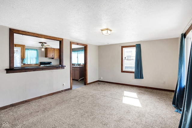 empty room featuring light carpet, baseboards, and a textured ceiling