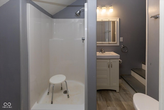 full bathroom featuring a shower, vanity, toilet, and wood finished floors