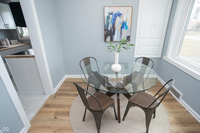 dining room featuring light wood finished floors and baseboards