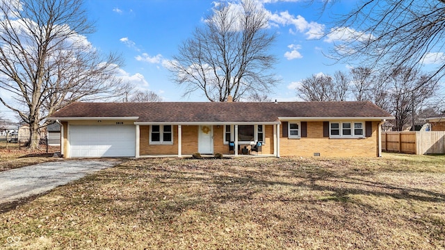 ranch-style house with a garage, covered porch, fence, driveway, and crawl space