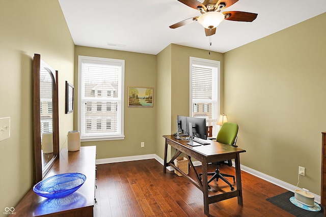 home office featuring a wealth of natural light, dark wood-style flooring, and baseboards