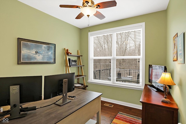 home office featuring dark wood-style flooring, visible vents, ceiling fan, and baseboards