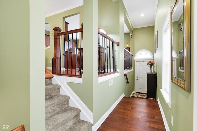 interior space featuring baseboards, plenty of natural light, wood-type flooring, and crown molding