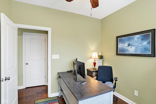 office space featuring dark wood-style floors, ceiling fan, and baseboards