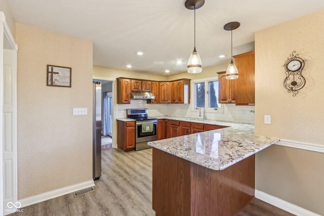 kitchen featuring decorative backsplash, a peninsula, stainless steel appliances, under cabinet range hood, and a sink