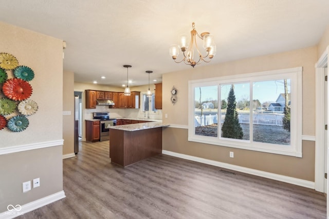 kitchen with brown cabinets, wood finished floors, a peninsula, stainless steel appliances, and under cabinet range hood