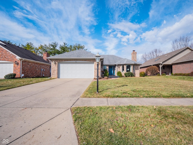 ranch-style home with a garage, concrete driveway, brick siding, and a front lawn