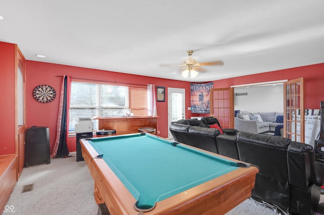 game room with visible vents, plenty of natural light, light carpet, and billiards