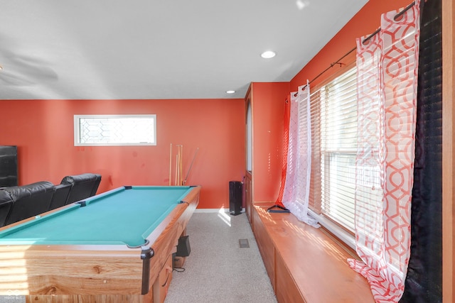 playroom with visible vents, baseboards, carpet flooring, recessed lighting, and billiards