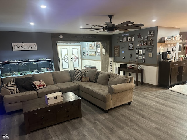 living room with recessed lighting, french doors, ceiling fan, and wood finished floors