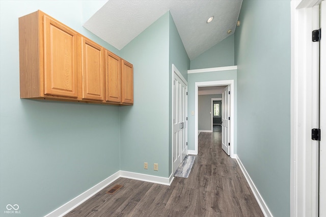 corridor featuring lofted ceiling, dark wood-style flooring, a textured ceiling, and baseboards