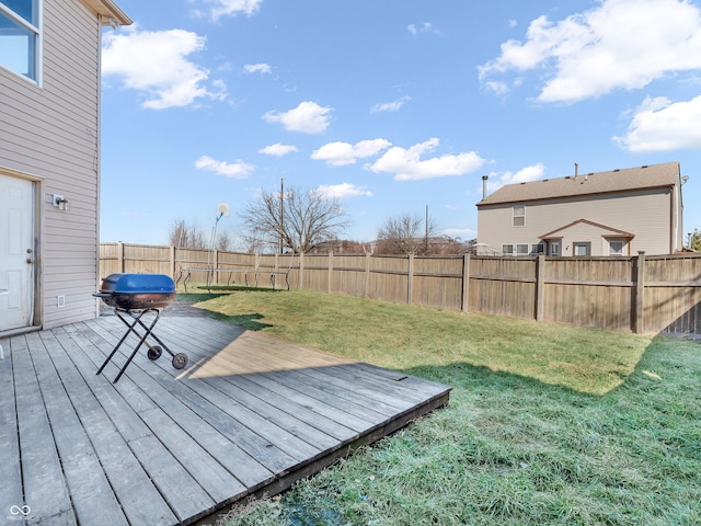 deck with a fenced backyard and a yard