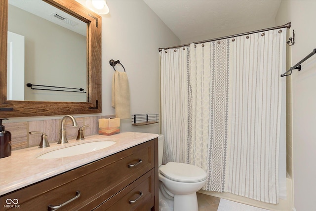 full bathroom with visible vents, toilet, vanity, shower / bath combination with curtain, and a textured ceiling