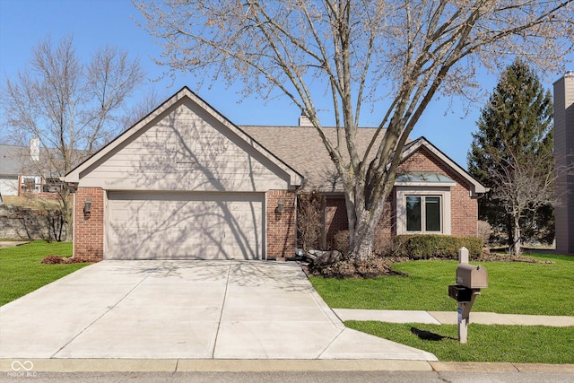 ranch-style house with brick siding, an attached garage, driveway, and a front lawn