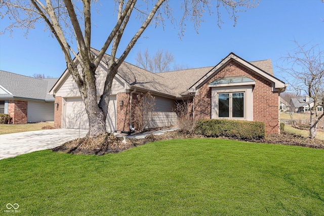 view of front of property with a garage, driveway, brick siding, and a front lawn