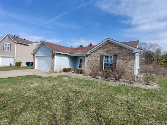 single story home with an attached garage, brick siding, fence, driveway, and a front yard