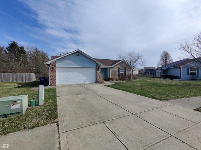 ranch-style home featuring an attached garage, fence, a front lawn, and brick siding