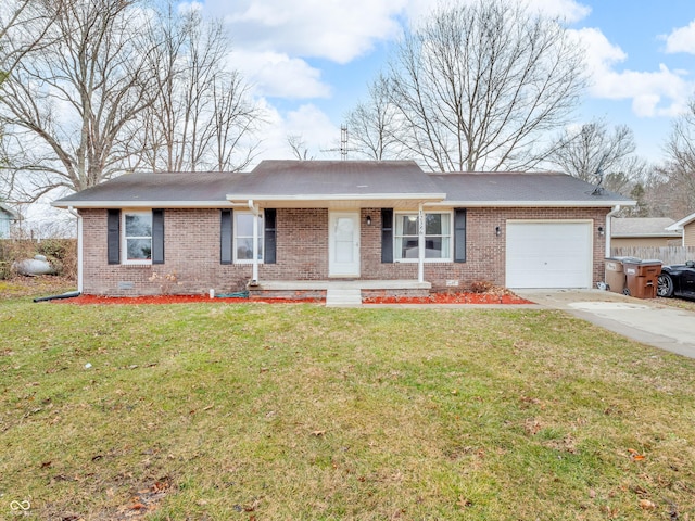 single story home with an attached garage, driveway, brick siding, and a front yard