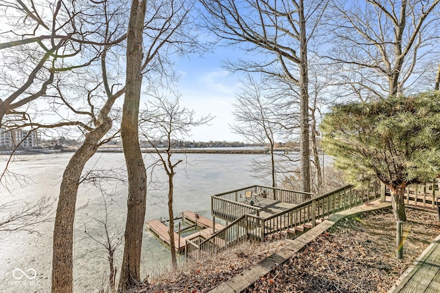 view of dock with a water view