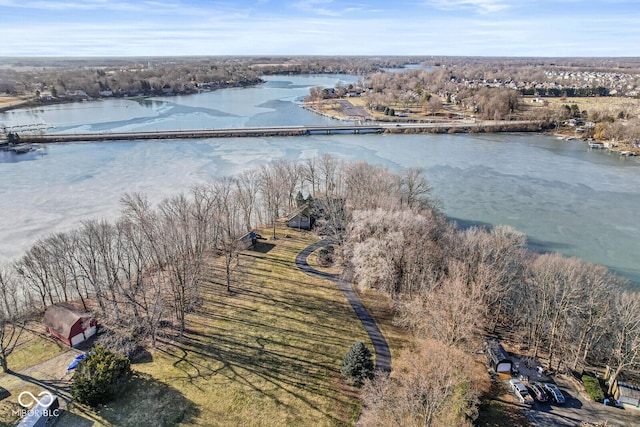 drone / aerial view featuring a water view