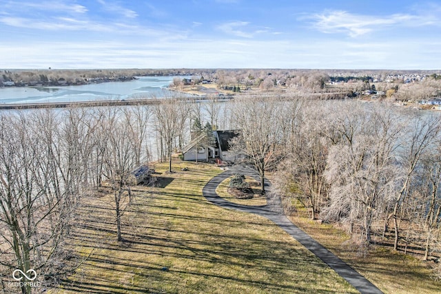 drone / aerial view featuring a water view