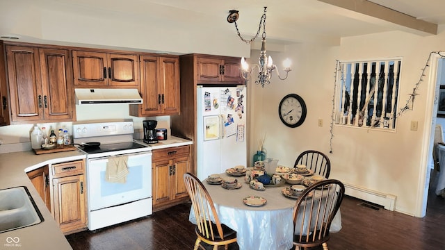 kitchen featuring beamed ceiling, white appliances, light countertops, and extractor fan