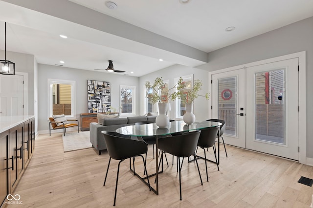 dining area featuring light wood-style floors, recessed lighting, french doors, and ceiling fan