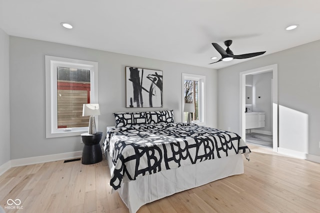 bedroom with visible vents, baseboards, a ceiling fan, wood finished floors, and recessed lighting