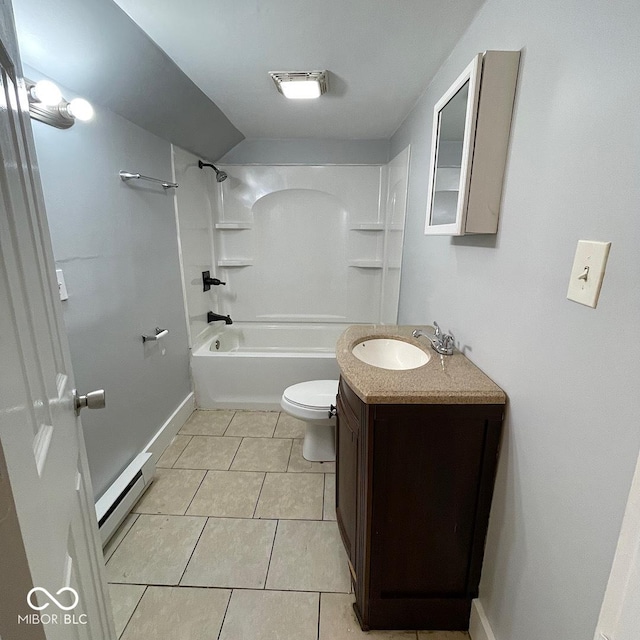 full bathroom featuring shower / washtub combination, a baseboard radiator, toilet, vanity, and tile patterned floors