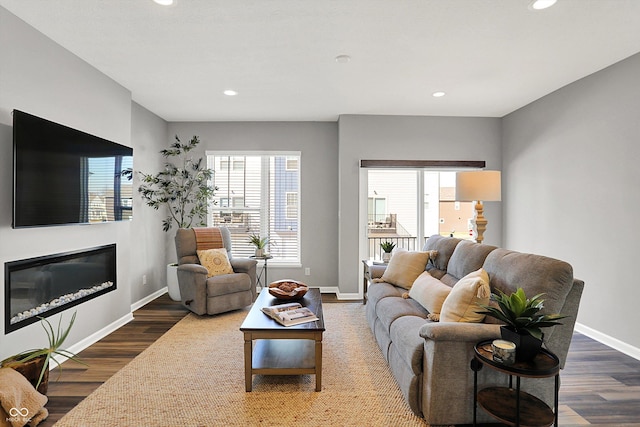 living area with a glass covered fireplace, recessed lighting, baseboards, and wood finished floors