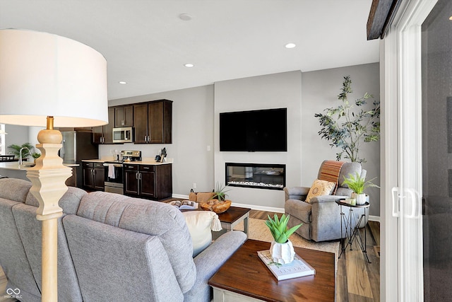 living room with a glass covered fireplace, baseboards, wood finished floors, and recessed lighting