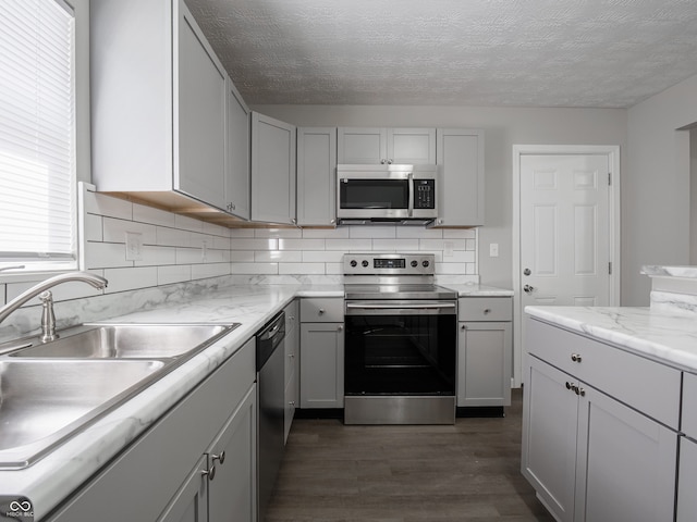 kitchen featuring appliances with stainless steel finishes, dark wood-type flooring, a sink, gray cabinetry, and backsplash