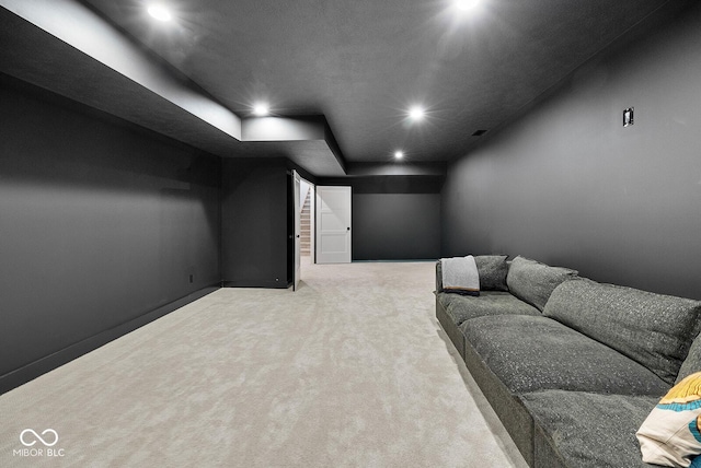 cinema room featuring recessed lighting, carpet, and baseboards