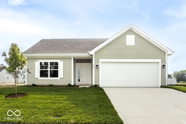 single story home featuring a garage, a shingled roof, a front lawn, and concrete driveway