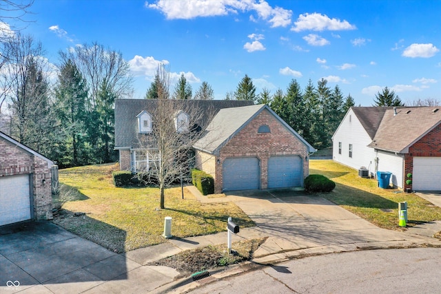 view of front of home featuring central AC unit, an attached garage, brick siding, driveway, and a front yard