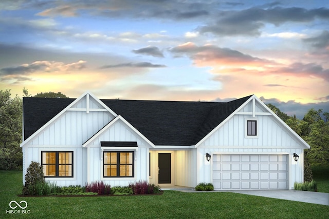 modern farmhouse style home featuring roof with shingles, a yard, concrete driveway, board and batten siding, and a garage