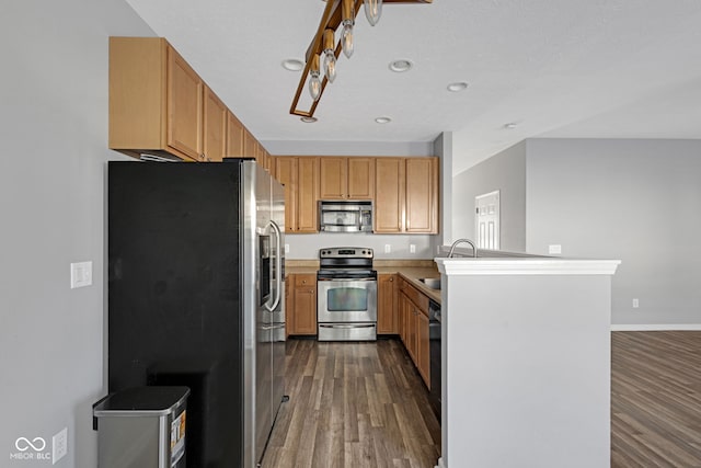 kitchen featuring stainless steel appliances, dark wood-style flooring, a sink, and a peninsula