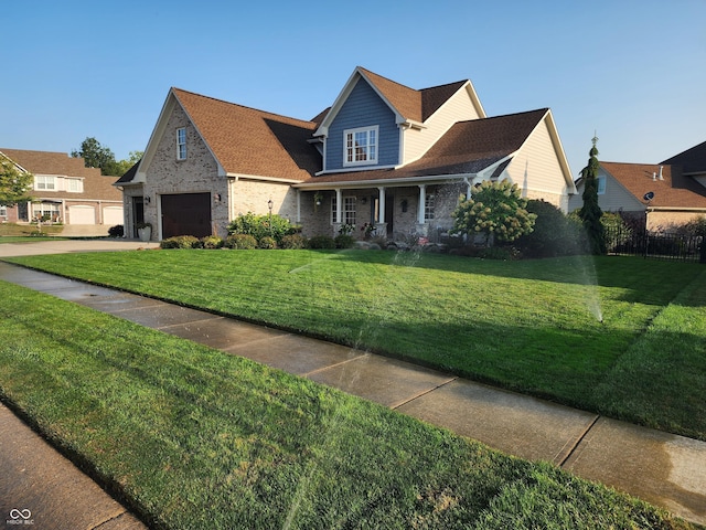 view of front of house with driveway, fence, a front lawn, and brick siding