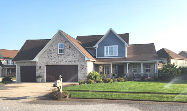 view of front of house featuring driveway, a garage, a front yard, a porch, and brick siding