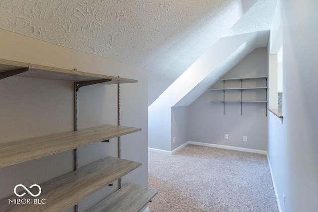 additional living space featuring baseboards, vaulted ceiling, a textured ceiling, and carpet flooring