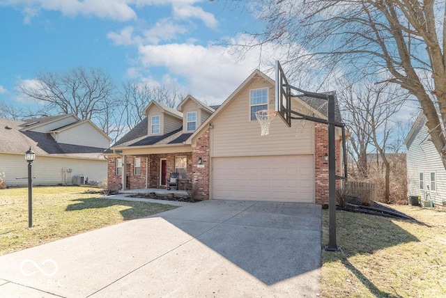 view of front of property featuring driveway, brick siding, a front lawn, and central air condition unit