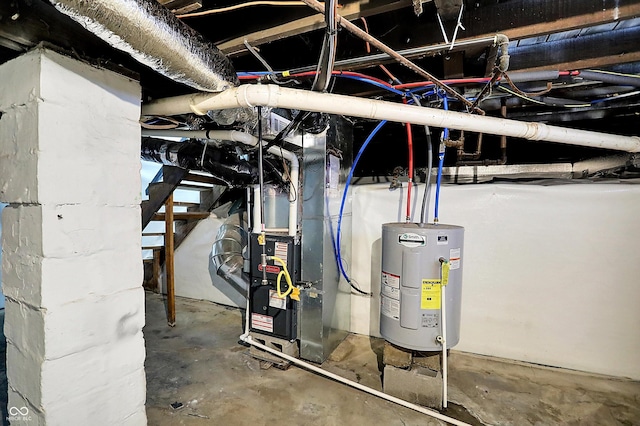 utility room featuring electric water heater and heating unit