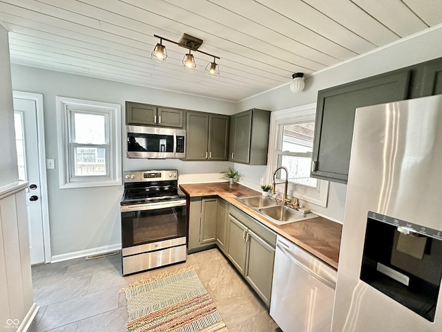 kitchen featuring baseboards, wood ceiling, appliances with stainless steel finishes, gray cabinetry, and a sink