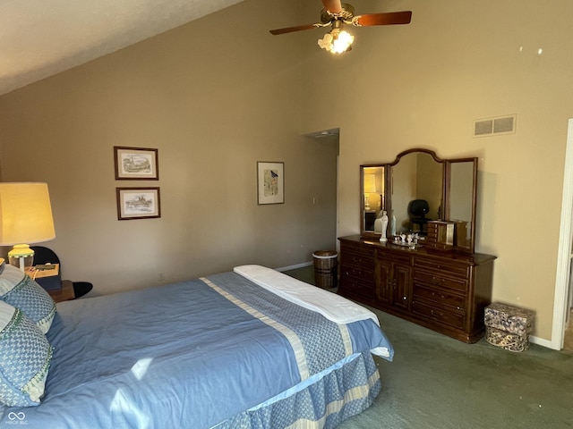 bedroom with ceiling fan, carpet flooring, visible vents, and high vaulted ceiling