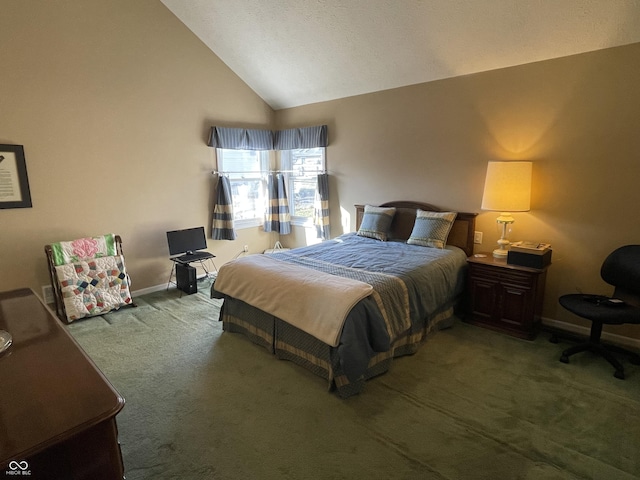 bedroom with high vaulted ceiling, baseboards, and carpet floors